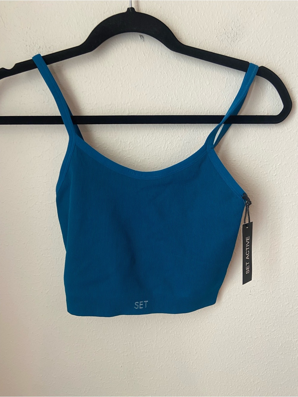 SET Active Sculptflex Ribbed Scoop Neck Bra Blue Size Medium NWT